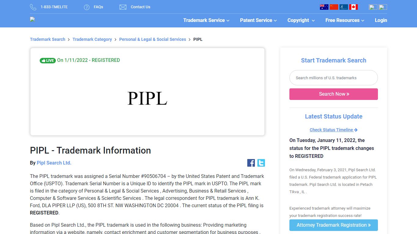 PIPL Trademark of Pipl Search Ltd.. Serial Number: 90506704 ...